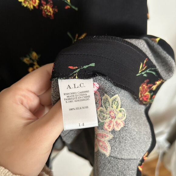 A.L.C. Black Floral Ruffle Cassidy 100% Silk Dress Size 14 - Picture 7 of 9